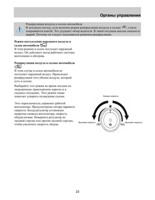 Органы управления 
Рециркуляция воздуха в салоне автомобиля 
В холодную погоду, если включен режим рециркуляции воздуха в салоне , стекла 
покрываются влагой. Это ухудшает обзор водителя. В такой ситуации высока опасность 
аварий. Поэтому не следует пользоваться режимом рециркуляции. 
23 
Режим поступления наружного воздуха в 
салон автомобиля 
В этом режиме в салон поступает наружный 
воздух. Он действует, когда работают системы 
вентиляции и обогрева. 
Рециркуляция воздуха в салоне автомобиля 
В этом случае в салон автомобиля не 
поступает наружный воздух. Происходит 
рециркуляция того объема воздуха, который 
есть в салоне. 
Выбирайте этот режим во время поездок по 
загруженным транспортном дорогах и в 
сходных ситуациях. Этот режим также 
помогает ускорить охлаждение салона. 
Этот переключатель управляет работой 
вентилятора. Предусмотрены четыре варианта 
скорости. Когда регулятор установлен 
напротив символа вентилятора, скорость 
обдува низкая. Поверните регулятор по 
часовой стрелке или против часовой стрелки, 
чтобы увеличить скорость обдува. 
Низкая скорость 
Высокая скорость Высокая скорость 
 