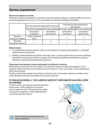 Органы управления 
Подсветка экрана и кнопок 
Фоновая подсветка жидкокристаллического дисплея и кнопок зависит от режима работы системы 
кондиционирования воздуха и от того, включены ли световые приборы автомобиля. 
Система кондиционирования включена Система кондиционирования 
36 
выключена 
Световые приборы 
автомобиля 
включены 
Световые приборы 
автомобиля 
выключены 
Световые приборы 
автомобиля 
включены 
Световые приборы 
автомобиля 
выключены 
Фоновая 
подсветка экрана 
○(приглушенный 
свет) ○ ─ ─ 
Фоновая 
подсветка кнопок ○ ─ ○ ─ 
Примечания: 
1. Если фоновая подсветка кнопок горит, ее интенсивность можно отрегулировать с помощью 
переключателя освещения. 
2. Наиболее яркая фоновая подсветка монитора горит в дневное время (когда световые приборы 
автомобиля выключены). В ночное время, когда световые приборы автомобиля включены, 
выбирается приглушенная фоновая подсветка. 
Защитная пластиковая пленка жидкокристаллического дисплея 
Жидкокристаллический дисплей закрыт пластиковой пленкой, которая предохраняет его от 
царапин. Перед началом использования дисплея снимите с него эту пленку, чтобы изображение 
было более четким. 
Чтобы не произошел разряд статического электричества, не снимайте защитную пленку, когда 
горит фоновая подсветка жидкокристаллического дисплея. 
РУЛЕВАЯ КОЛОНКА С МЕХАНИЧЕСКОЙ РЕГУЛИРОВКОЙ НАКЛОНА (ПРИ 
НАЛИЧИИ) 
Толкните рычаг регулировки наклона рулевого 
колеса вниз, чтобы переместить рулевое 
колесо вверх или вниз. Потяните рычаг вверх, 
в исходное положение, чтобы зафиксировать 
положение рулевого колеса. 
Не регулируйте рулевое колесо во 
время движения. 
 