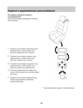 Сиденья и удерживающие приспособления 
66 
Регулировка переднего сиденья с 
электроприводом* 
Кнопки регулировки размещены в боковой 
части сиденья. 
1. Толкните или потяните переднюю часть 
переключателя, чтобы поднять или 
опустить переднюю часть сиденья. 
2. Толкните или потяните заднюю часть 
переключателя, чтобы поднять или 
опустить заднюю часть сиденья. 
3-1. Толкните или потяните среднюю часть 
переключателя, чтобы поднять или 
опустить сиденье (по горизонтали). 
3-2. Толкните переключатель вперед или 
назад, чтобы переместить сиденье вперед 
или назад. 
4. Толкните или потяните переключатель, 
чтобы отрегулировать положение 
поясничной опоры. 
* наличие функция зависит от комплектации 
 