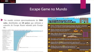 Escape Game no Mundo
 No mundo existem aproximadamente de 2800
salas, distribuídas em 60 países que utilizam o
conceito de Escape Room adotado pelo Escape
60.
 