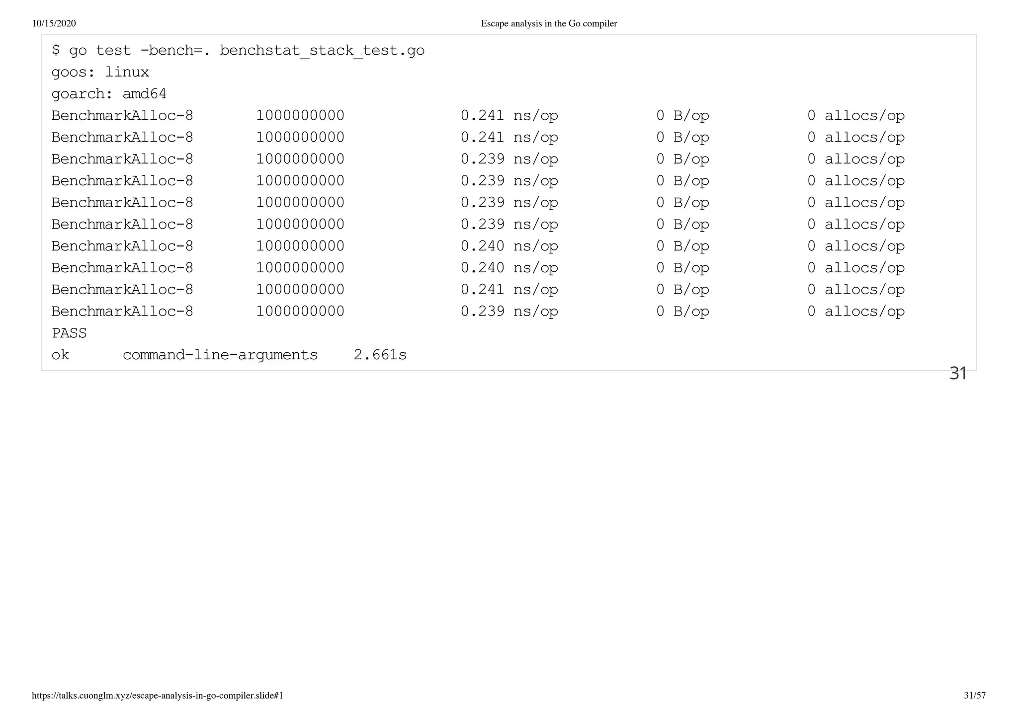 10/15/2020 Escape analysis in the Go compiler
https://talks.cuonglm.xyz/escape-analysis-in-go-compiler.slide#1 31/57
$ go test -bench=. benchstat_stack_test.go$ go test -bench=. benchstat_stack_test.go
goos: linuxgoos: linux
goarch: amd64goarch: amd64
BenchmarkAlloc-8 1000000000 0.241 ns/op 0 B/op 0 allocs/opBenchmarkAlloc-8 1000000000 0.241 ns/op 0 B/op 0 allocs/op
BenchmarkAlloc-8 1000000000 0.241 ns/op 0 B/op 0 allocs/opBenchmarkAlloc-8 1000000000 0.241 ns/op 0 B/op 0 allocs/op
BenchmarkAlloc-8 1000000000 0.239 ns/op 0 B/op 0 allocs/opBenchmarkAlloc-8 1000000000 0.239 ns/op 0 B/op 0 allocs/op
BenchmarkAlloc-8 1000000000 0.239 ns/op 0 B/op 0 allocs/opBenchmarkAlloc-8 1000000000 0.239 ns/op 0 B/op 0 allocs/op
BenchmarkAlloc-8 1000000000 0.239 ns/op 0 B/op 0 allocs/opBenchmarkAlloc-8 1000000000 0.239 ns/op 0 B/op 0 allocs/op
BenchmarkAlloc-8 1000000000 0.239 ns/op 0 B/op 0 allocs/opBenchmarkAlloc-8 1000000000 0.239 ns/op 0 B/op 0 allocs/op
BenchmarkAlloc-8 1000000000 0.240 ns/op 0 B/op 0 allocs/opBenchmarkAlloc-8 1000000000 0.240 ns/op 0 B/op 0 allocs/op
BenchmarkAlloc-8 1000000000 0.240 ns/op 0 B/op 0 allocs/opBenchmarkAlloc-8 1000000000 0.240 ns/op 0 B/op 0 allocs/op
BenchmarkAlloc-8 1000000000 0.241 ns/op 0 B/op 0 allocs/opBenchmarkAlloc-8 1000000000 0.241 ns/op 0 B/op 0 allocs/op
BenchmarkAlloc-8 1000000000 0.239 ns/op 0 B/op 0 allocs/opBenchmarkAlloc-8 1000000000 0.239 ns/op 0 B/op 0 allocs/op
PASSPASS
ok command-line-arguments 2.661sok command-line-arguments 2.661s
3131
 