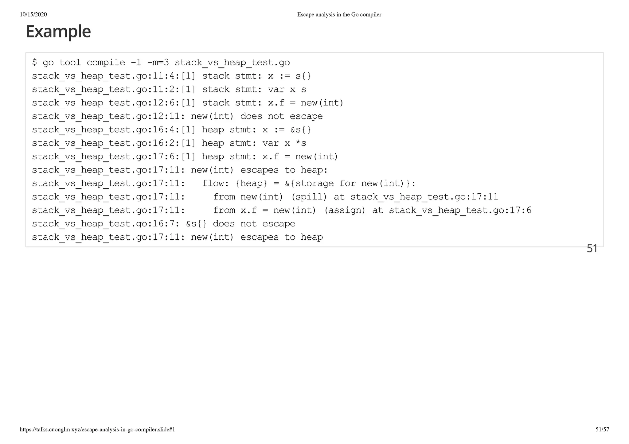 10/15/2020 Escape analysis in the Go compiler
https://talks.cuonglm.xyz/escape-analysis-in-go-compiler.slide#1 51/57
ExampleExample
$ go tool compile -l -m=3 stack_vs_heap_test.go$ go tool compile -l -m=3 stack_vs_heap_test.go
stack_vs_heap_test.go:11:4:[1] stack stmt: x := s{}stack_vs_heap_test.go:11:4:[1] stack stmt: x := s{}
stack_vs_heap_test.go:11:2:[1] stack stmt: var x sstack_vs_heap_test.go:11:2:[1] stack stmt: var x s
stack_vs_heap_test.go:12:6:[1] stack stmt: x.f = new(int)stack_vs_heap_test.go:12:6:[1] stack stmt: x.f = new(int)
stack_vs_heap_test.go:12:11: new(int) does not escapestack_vs_heap_test.go:12:11: new(int) does not escape
stack_vs_heap_test.go:16:4:[1] heap stmt: x := &s{}stack_vs_heap_test.go:16:4:[1] heap stmt: x := &s{}
stack_vs_heap_test.go:16:2:[1] heap stmt: var x *sstack_vs_heap_test.go:16:2:[1] heap stmt: var x *s
stack_vs_heap_test.go:17:6:[1] heap stmt: x.f = new(int)stack_vs_heap_test.go:17:6:[1] heap stmt: x.f = new(int)
stack_vs_heap_test.go:17:11: new(int) escapes to heap:stack_vs_heap_test.go:17:11: new(int) escapes to heap:
stack_vs_heap_test.go:17:11: flow: {heap} = &{storage for new(int)}:stack_vs_heap_test.go:17:11: flow: {heap} = &{storage for new(int)}:
stack_vs_heap_test.go:17:11: from new(int) (spill) at stack_vs_heap_test.go:17:11stack_vs_heap_test.go:17:11: from new(int) (spill) at stack_vs_heap_test.go:17:11
stack_vs_heap_test.go:17:11: from x.f = new(int) (assign) at stack_vs_heap_test.go:17:6stack_vs_heap_test.go:17:11: from x.f = new(int) (assign) at stack_vs_heap_test.go:17:6
stack_vs_heap_test.go:16:7: &s{} does not escapestack_vs_heap_test.go:16:7: &s{} does not escape
stack_vs_heap_test.go:17:11: new(int) escapes to heapstack_vs_heap_test.go:17:11: new(int) escapes to heap
5151
 