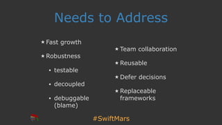 #SwiftMars
Needs to Address
Fast growth
Robustness
• testable
• decoupled
• debuggable
(blame)
Team collaboration
Reusable...