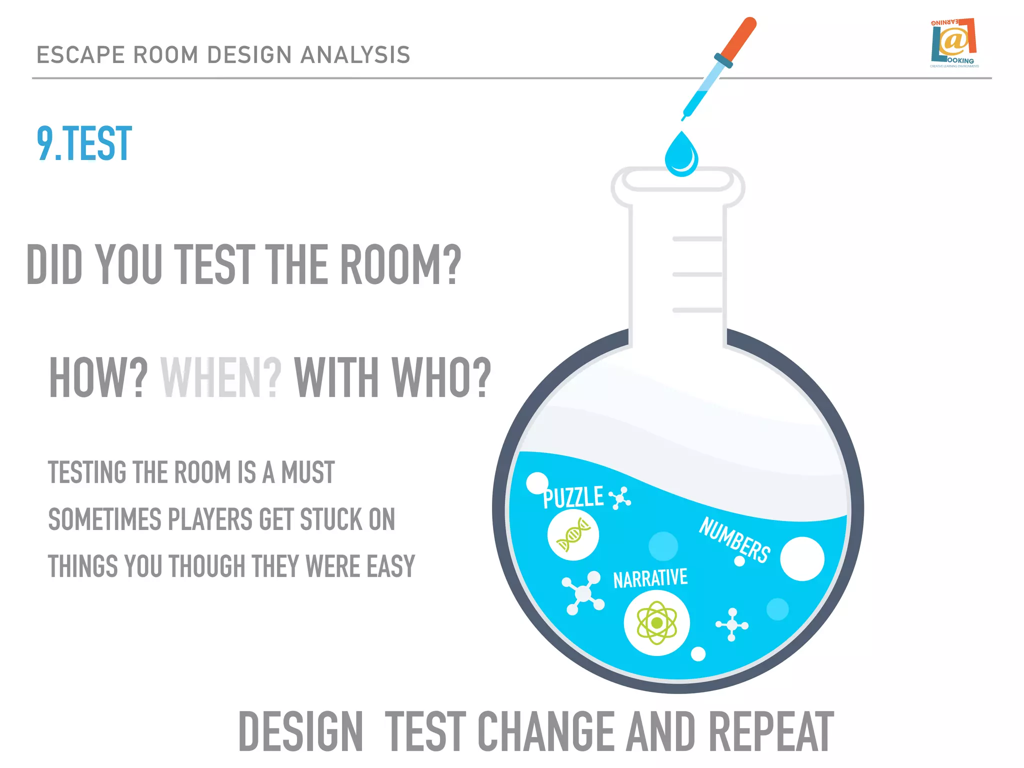 9.TEST
ESCAPE ROOM DESIGN ANALYSIS
PUZZLE
NUMBERS
NARRATIVE
DID YOU TEST THE ROOM?
TESTING THE ROOM IS A MUST
SOMETIMES PLAYERS GET STUCK ON
THINGS YOU THOUGH THEY WERE EASY
DESIGN TEST CHANGE AND REPEAT
HOW? WHEN? WITH WHO?
 