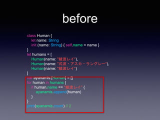 before
class Human {
let name: String
init (name: String) { self.name = name }
}
let humans = [
Human(name: "綾波レイ"),
Human(name: "式波・アスカ・ラングレー"),
Human(name: "綾波レイ")
]
var ayanamis:[Human] = []
for human in humans {
if human.name == "綾波レイ" {
ayanamis.append(human)
}
}
print(ayanamis.count) // 2
 
