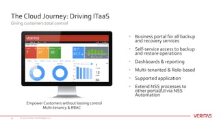 The Cloud Journey: Driving ITaaS
Giving customers total control
© 2017 Veritas Technologies LLC35
• Business portal for all backup
and recovery services
• Self-service access to backup
and restore operations
• Dashboards & reporting
• Multi-tenanted & Role-based
• Supported application
• Extend NSS processes to
other portal/UI via NSS
Automation
Empower Customers without loosing control
Multi-tenancy & RBAC
 
