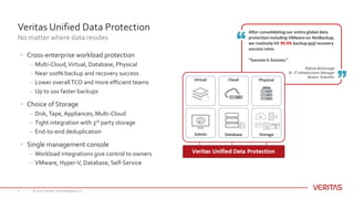 Veritas Unified Data Protection
No matter where data resides
© 2017 Veritas Technologies LLC7
• Cross-enterprise workload protection
– Multi-Cloud,Virtual, Database, Physical
– Near 100% backup and recovery success
– Lower overallTCO and more efficient teams
– Up to 10x faster backups
• Choice of Storage
– Disk,Tape, Appliances, Multi-Cloud
– Tight integration with 3rd party storage
– End-to-end deduplication
• Single management console
– Workload integrations give control to owners
– VMware, Hyper-V, Database, Self-Service
 