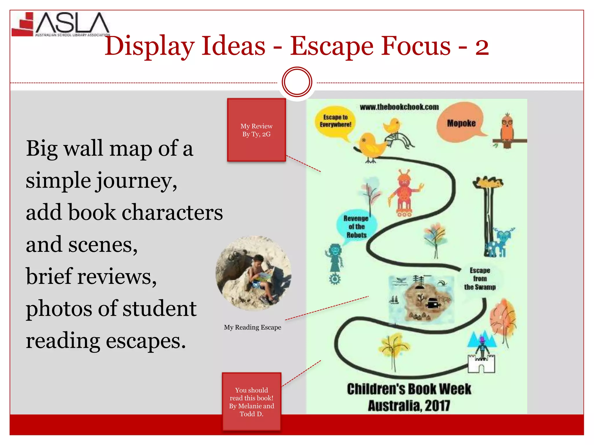 Display Ideas - Escape Focus - 2
Big wall map of a
simple journey,
add book characters
and scenes,
brief reviews,
photos of student
reading escapes.
My Review
By Ty, 2G
You should
read this book!
By Melanie and
Todd D.
My Reading Escape
 
