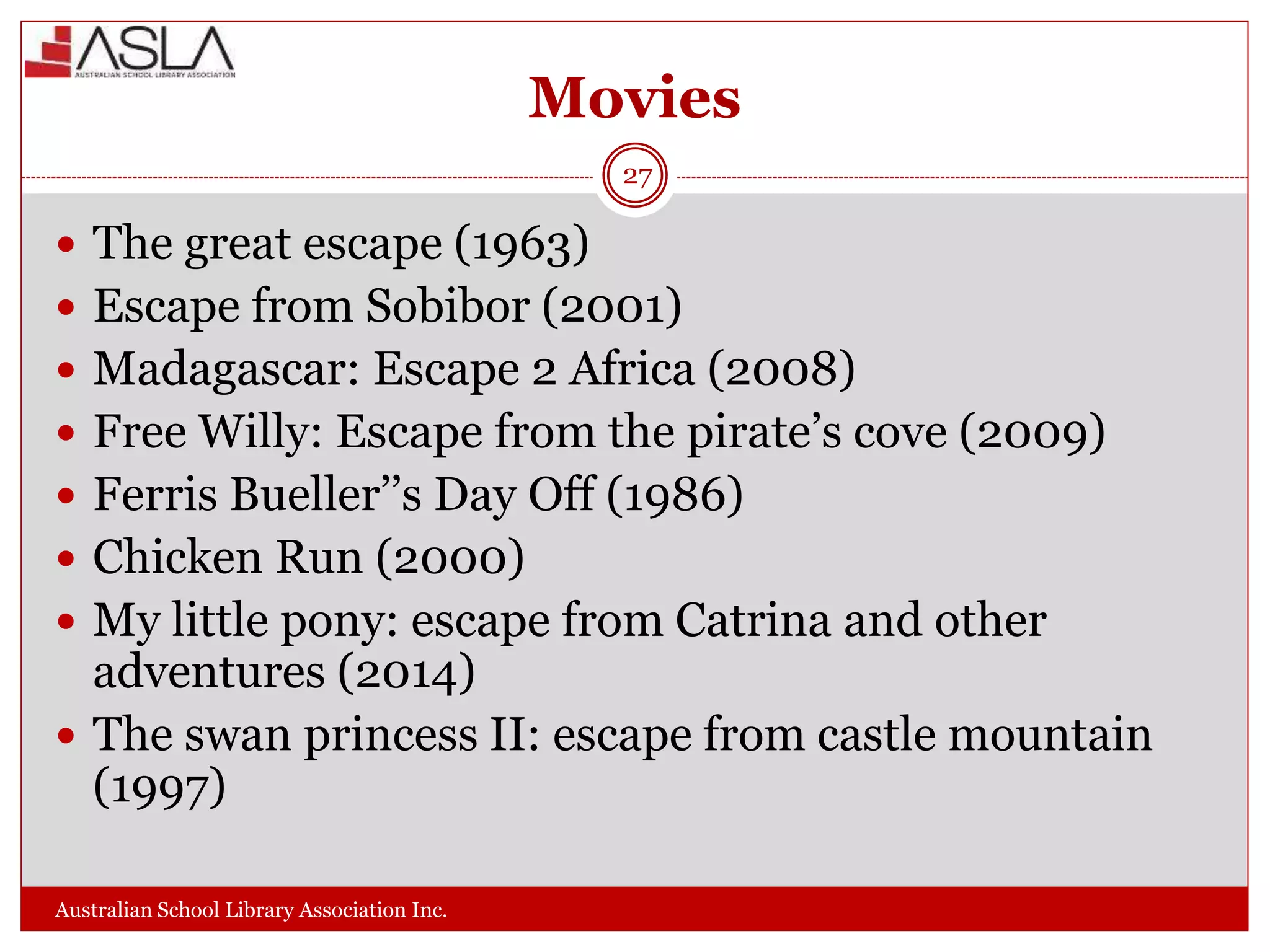 Movies
Australian School Library Association Inc.
27
 The great escape (1963)
 Escape from Sobibor (2001)
 Madagascar: Escape 2 Africa (2008)
 Free Willy: Escape from the pirate’s cove (2009)
 Ferris Bueller’’s Day Off (1986)
 Chicken Run (2000)
 My little pony: escape from Catrina and other
adventures (2014)
 The swan princess II: escape from castle mountain
(1997)
 