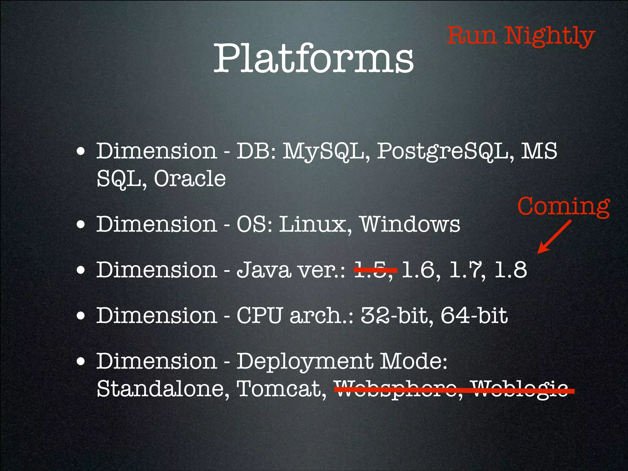 Platforms
• Dimension - DB: MySQL, PostgreSQL, MS
SQL, Oracle
• Dimension - OS: Linux, Windows
• Dimension - Java ver.: 1.5, 1.6, 1.7, 1.8
• Dimension - CPU arch.: 32-bit, 64-bit
• Dimension - Deployment Mode:
Standalone, Tomcat, Websphere, Weblogic
Run Nightly
Coming
 
