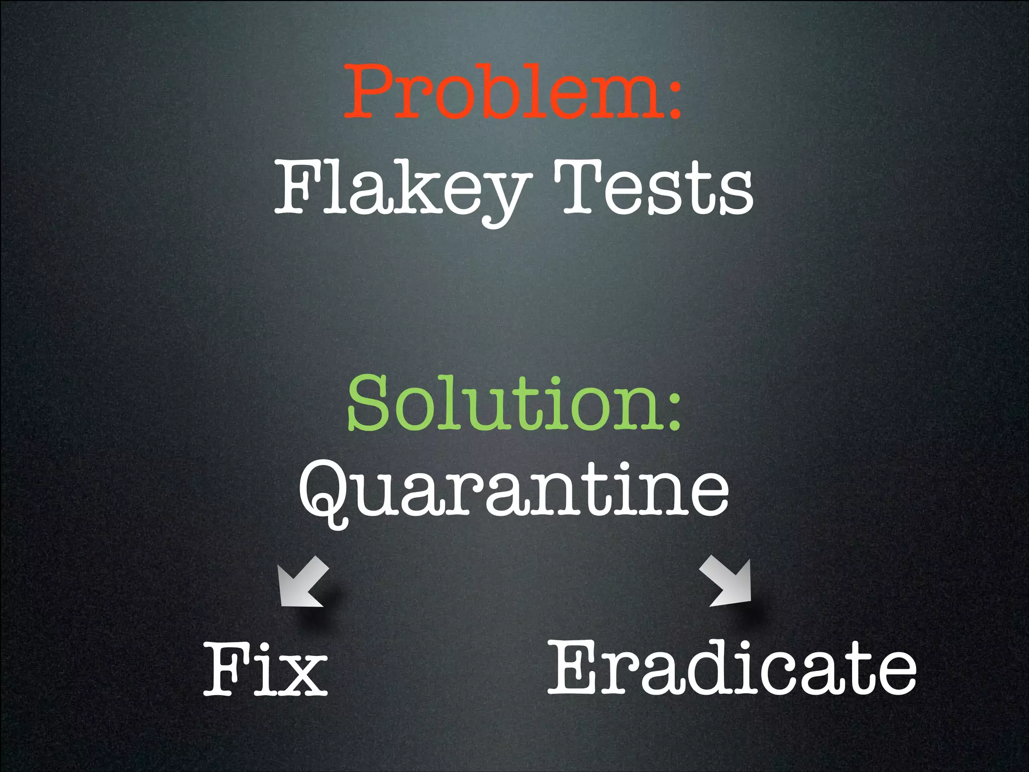 Flakey Tests
Quarantine
Problem:
Solution:
Fix Eradicate
 