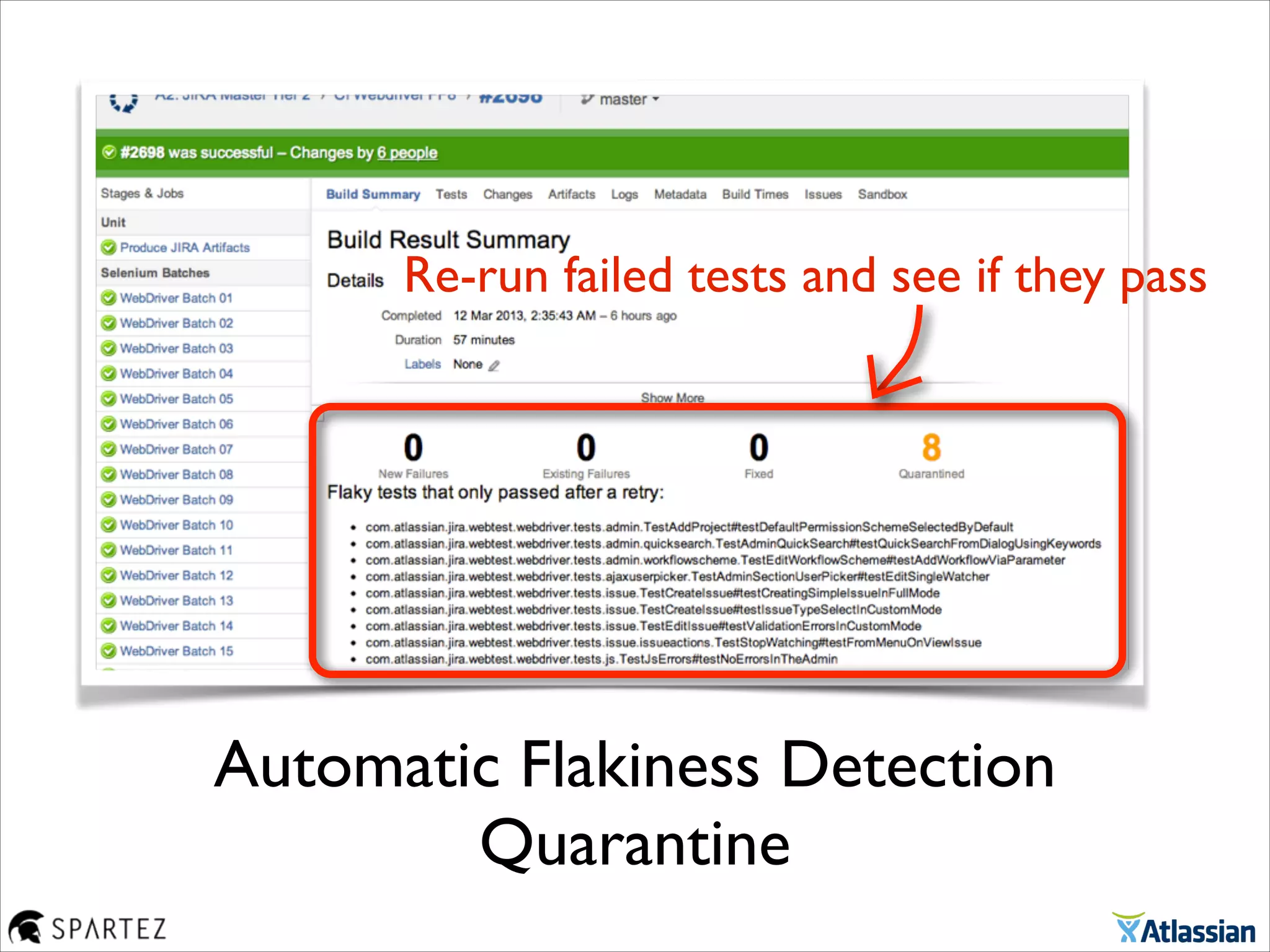 Automatic Flakiness Detection
Quarantine
Re-run failed tests and see if they pass
 