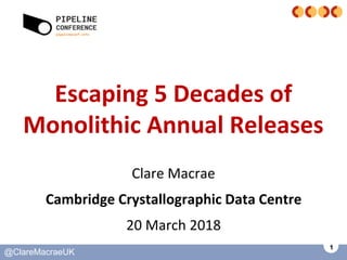 1
@ClareMacraeUK
Escaping 5 Decades of
Monolithic Annual Releases
Clare Macrae
Cambridge Crystallographic Data Centre
20 March 2018
 