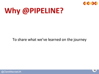 10
@ClareMacraeUK@ClareMacraeUK
Why @PIPELINE?
To share what we’ve learned on the journey
 
