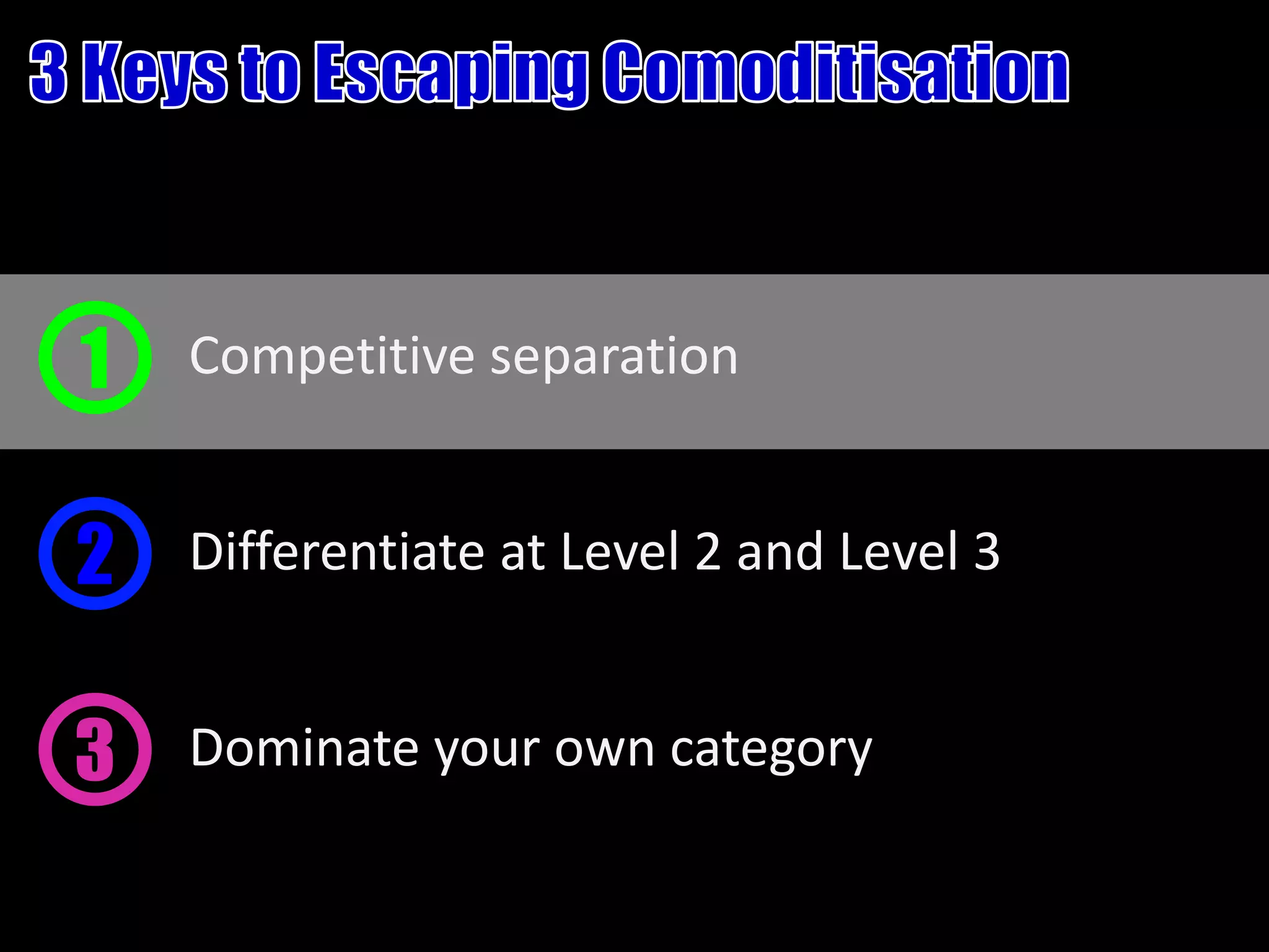 1   Competitive separation


2   Differentiate at Level 2 and Level 3


3   Dominate your own category
 