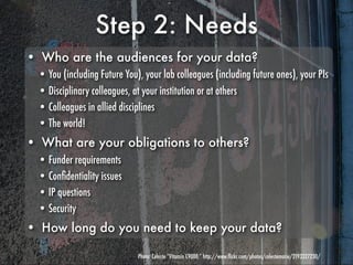 Step 2: Needs
• Who are the audiences for your data?
  • You (including Future You), your lab colleagues (including future ones), your PIs
  • Disciplinary colleagues, at your institution or at others
  • Colleagues in allied disciplines
  • The world!
• What are your obligations to others?
  • Funder requirements
  • Conﬁdentiality issues
  • IP questions
  • Security
• How long do you need to keep your data?

                              Photo: Celeste “Vitamin C9000,” http://www.ﬂickr.com/photos/celestemarie/2193327230/
 