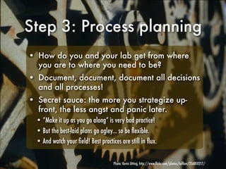 Step 3: Process planning
• How do you and your lab get from where
  you are to where you need to be?
• Document, document,...