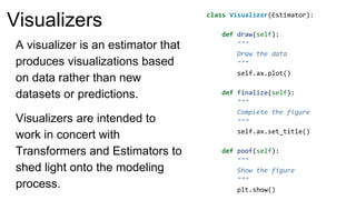 A visualizer is an estimator that
produces visualizations based
on data rather than new
datasets or predictions.
Visualizers are intended to
work in concert with
Transformers and Estimators to
shed light onto the modeling
process.
class Visualizer(Estimator):
def draw(self):
"""
Draw the data
"""
self.ax.plot()
def finalize(self):
"""
Complete the figure
"""
self.ax.set_title()
def poof(self):
"""
Show the figure
"""
plt.show()
Visualizers
 