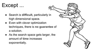 ● Search is difficult, particularly in
high dimensional space.
● Even with clever optimization
techniques, there is no guarantee of
a solution.
● As the search space gets larger, the
amount of time increases
exponentially.
Except ...
 