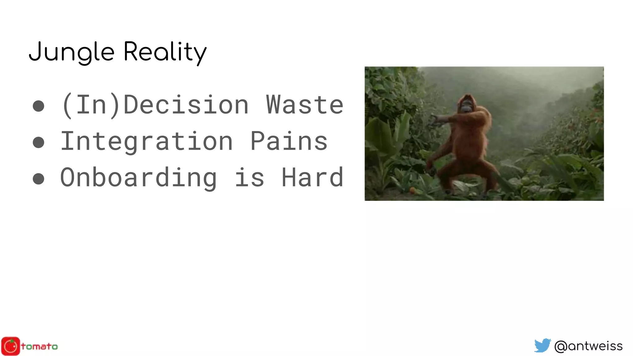 @antweiss
Jungle Reality
● (In)Decision Waste
● Integration Pains
● Onboarding is Hard
 