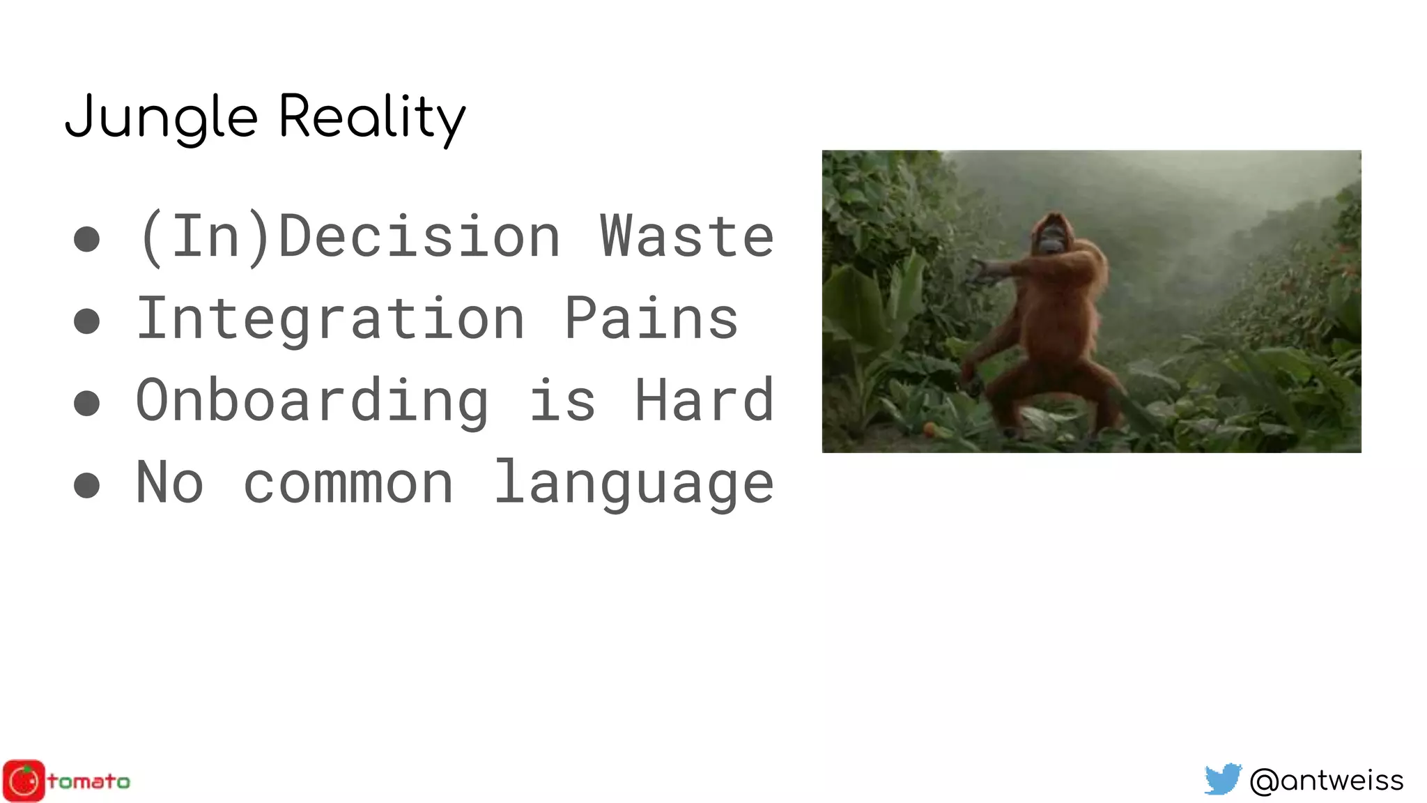 @antweiss
Jungle Reality
● (In)Decision Waste
● Integration Pains
● Onboarding is Hard
● No common language
 
