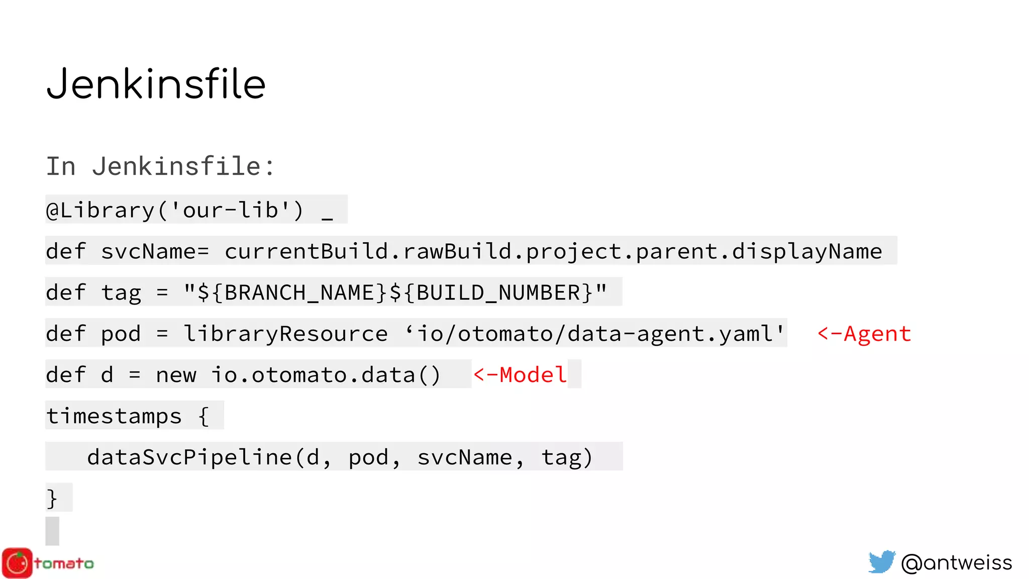 @antweiss
Jenkinsfile
In Jenkinsfile:
@Library('our-lib') _
def svcName= currentBuild.rawBuild.project.parent.displayName
def tag = "${BRANCH_NAME}${BUILD_NUMBER}"
def pod = libraryResource ‘io/otomato/data-agent.yaml' <-Agent
def d = new io.otomato.data() <-Model
timestamps {
dataSvcPipeline(d, pod, svcName, tag)
}
 