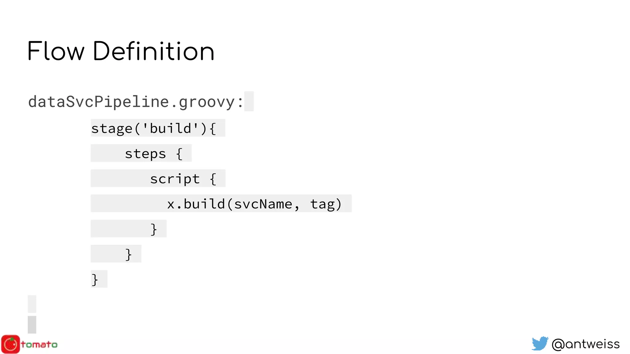 @antweiss
Flow Definition
dataSvcPipeline.groovy:
stage('build'){
steps {
script {
x.build(svcName, tag)
}
}
}
 