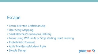 Escape
• Team-oriented Craftsmanship
• User Story Mapping
• Small Batches/Continuous Delivery
• Focus using WIP limits or Stop starting, start finishing
• Probabilistic Forecast
• Agile Manifesto/Modern Agile
• Simple Design
 