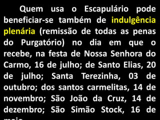 	Quem usa o Escapulário pode beneficiar-se também de indulgência plenária (remissão de todas as penas do Purgatório) no dia em que o recebe, na festa de Nossa Senhora do Carmo, 16 de julho; de Santo Elias, 20 de julho; Santa Terezinha, 03 de outubro; dos santos carmelitas, 14 de novembro; São João da Cruz, 14 de dezembro; São Simão Stock, 16 de maio.