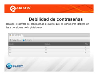 Debilidad de contraseñas
Realiza el control de contraseñas o claves que se consideren débiles en
las extensiones de la plataforma.
 