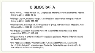 • Silva Rico JC, Torres Hinojal, MC. Diagnóstico diferencial de los exantemas. Pediatr
Integral. 2014; 18 (1): 22-36
• Moraga-Llop FA, Martínez-Roig A. Enfermedades bacterianas de la piel. Pediatr
Integral. 2012; 16 (3): 235-243
• Madeleine W. Cunningham. Pathogenesis of group A streptococcal infections. Clin
Microbiol Rev. 2000; 13 (3): 470-511
• Rodriguez Morales D, Riquelme Pérez M. Incremento de la incidencia de la
escarlatina. 1997; 47: 660-661
• Delgado Rubio A. Enfermedades infecciosas en pediatría. Madrid: Interamericana
de España, 2009
• Del Pozo Menéndez B, Villamor Martín R, Hernández Merino A. Escarlatina
(v.1/2011). Guía-ABE. Infecciones en Pediatría. Guía rápida para la selección del
tratamiento antimicrobiano empírico
BIBLIOGRAFÍA
 