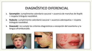 DIAGNÓSTICO DIFERENCIAL
1. Sarampión: cumplimento calendario vacunal + ausencia de manchas de Koplik
+ respeta triángulo nasolabial.
2. Rubeola: cumplimiento calendario vacunal + ausencia adenopatías + respeta
triángulo nasolabial.
3. Kawasaki: no cumple los criterios diagnósticos a excepción del exantema y la
lengua aframbuesada.
31 2
 