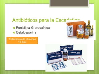 Antibióticos para la Escarlatina
 Penicilina G procaínica
 Cefalosporina
Tratamiento de al menos
10 días
 