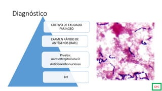 Diagnóstico
CULTIVO DE EXUDADO
FARÍNGEO
EXAMEN RÁPIDO DE
ANTÍGENOS (RATs)
Prueba:
Aantiestreptolisina O
Antideoxiribonucleasa
BH
GPC
 