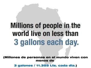 (Millones de personas en el mundo viven con
menos de
3 galones / 11.355 Lts. cada día.)
 
