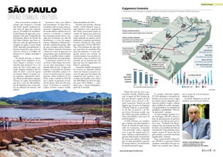 Em maio, Sabesp iniciou
bombeamento emergencial
da água do primeiro volume
morto do Sistema Cantareira
Oito reservatórios atendem 33
cidades que integram a Grande
São Paulo. Juntos, produzem 67
mil litros de água por segundo
para os 20 milhões de moradores.
A distribuição da água para a po-
pulação é feita pela Companhia de
Saneamento Básico do Estado de
São Paulo (Sabesp), que ficou cé-
lebre por conta do agravamento da
estiagem na região, a maior desde
1930, afetando principalmente o
Sistema Cantareira, que, com seis
represas, abastece 9 milhões de
pessoas em 11 cidades, incluindo a
capital.
Na década passada, as chuvas
na região foram regulares. O sis-
tema chegou a alcançar o nível
máximo pela primeira vez e, no
início de 2011, verter água, cau-
sando inclusive enchentes. Até ou-
tubro de 2013, o nível da represa
era normal. Porém, os quatro me-
ses seguintes, tipicamente chuvo-
sos, foram de baixíssima captação.
Choveu na região metropolitana
que fica a cerca de 100 quilôme-
tros de distância, mas, se não cho-
ver na cabeceira do sistema, não
adianta.
Instalou-se uma crise hídrica
sem precedentes. As fotos dos re-
servatórios cada vez mais vazios as-
sustaram a população. O governo
do estado adotou medidas para in-
centivar a economia: o combate
das chamadas perdas físicas, cau-
sadas por vazamentos nas redes de
distribuição, e a troca de equipa-
mentos, tubulações, hidrômetros e
válvulas, redutores de pressão, além
de uma varredura contra fraudes.
Mais adiante, anunciou descontos
e bônus nas contas de água para os
consumidores que economizassem.
Porém, as medidas foram conside-
radas insuficientes por especialistas.
A persistente ausência de chu-
vas levou à falta d'água nas tornei-
ras em vários municípios, o mais
afetado deles foi Itu. “A água não
chegou e as retiradas em outubro,
novembro, dezembro, janeiro e fe-
vereiro se mantiveram no mesmo
patamar. Havia tendência ao de-
clínio, o que é normal no final do
ano e, depois, recuperação no perí-
odo de chuvas. Mas isso não acon-
teceu. O declínio se acentuou”,
explica Vicente Andreu Guillo,
diretor-presidente da ANA.
Durante esse período, afirmou
Guillo, a ANA manteve “uma re-
lação positiva” com o governo de
São Paulo, procurando ajudar na
criação de regras para gerenciar
a água escassa. “É uma situação
muito delicada de impacto social,
ambiental e econômico gravíssimo.
Estamos falando de uma região
que representa 25% do PIB brasi-
leiro. Precisaríamos de uma posi-
ção mais forte da sociedade sobre
qual das propostas é a mais ade-
quada: manter um conforto de
retirada durante esse período au-
mentando o risco ou reduzir essa
retirada, de tal maneira que não
haja um risco tão significativo no
futuro?”, questionou.
A primeira medida emergencial
foi recorrer ao chamado volume
morto do Sistema Cantareira, re-
serva de água que fica abaixo das
comportas das represas e que é
­retirada com bombas. Essa reserva
tem 400 bilhões de litros de água,
dos quais 182,5 bilhões — a pri-
meira cota — foram bombeados a
partir de 15 de maio.
Diante do risco da seca, o go-
vernador Geraldo Alckmin quer
usar as águas do Rio Paraíba do
Sul, que abastece regiões do Rio
de Janeiro, para socorrer o Sis-
tema Cantareira. Depois de uma
disputa que foi parar no Supremo
Tribunal Federal, os governado-
res do Rio de Janeiro e de Mi-
nas Gerais fecharam acordo com
São Paulo, que pode viabilizar as
obras pretendidas (veja texto na
próxima página).
A ANA afirmou, em outubro,
que a Sabesp teria descumprido o
limite de retirada de água autori-
zado no Cantareira, avançando
“sem permissão” sobre a segunda
cota, o que foi negado pela Sa-
besp. Alckmin responsabilizou o
governo federal pelo esvaziamento
de vários reservatórios, afirmando
que foi dada prioridade à geração
de energia elétrica, em detrimento
do abastecimento de água.
O senador Eduardo Suplicy
(PT-SP) defendeu a instalação de
bombas extras para retirar a água
do volume morto, alegando que o
interesse público exigia a adoção
dessa medida de caráter emergen-
cial, garantindo-se as condições de
qualidade e potabilidade. “Não ha-
via alternativa”, resumiu.
O então senador Antonio Car-
los Rodrigues (PR-SP) criticou a
falta de planejamento do governo
paulista e da Sabesp para preve-
nir a crise. “Problemas de abaste-
cimento não são somente por falta
de chuva, mas também por falta de
investimento. Especialmente numa
região carente de bacias fluviais
para atender a crescente demanda
populacional”, afirmou.
Para o então senador Odacir So-
ares (PP-RO), os governos federal,
estaduais, municipais têm que tra-
balhar em conjunto para solucio-
nar as causas da crise de abasteci-
mento de água.
As chuvas chegaram no mês de
outubro, mas não foram suficien-
Antonio Carlos Rodrigues criticou
o governo paulista por não agir
preventivamente diante da crise hídrica
O gigantesco Cantareira
Composto por cinco barragens interligadas, sistema construído na década de 70 atende 9 milhões de pessoas
Municípiosatendidosparcialmente
Municípiosatendidosintegralmente
EstaçãodeTratamento
deÁguadoGuaraú,onde
sãotratadosatualmente
33m³/sdeágua
AGrandeSãoPauloconsome
5millitrosporsegundo.
Em20anos,previsãoéque
consumopraticamentedobre
Túneisdeligação
entreosreservatórios
Espelhod'água
86km²
982bilhõesdelitros
29millitrosporsegundo
16,6millitrosporsegundo
3%dacapacidade
Capacidadetotal
Vazãomáxima
Vazãonacrisehídrica
Menorvolumeregistradonoano
ReservatórioPaivaCastro
Reservatório
Atibainha
Reservatório
Cachoeira
Reservatório
Jacareí/Jaguari
RioCachoeira
SerradaMantiqueira
MG
SerradaCantareira
EaschuvasnãovêmVolume
anualmédio
doSistema
Cantareira
RioAtibaia
Bragança
Paulista
Atibaia
SãoPaulo
89,8%
2010
*Em13denovembro,incluídosvolumesmortos1e2
volumeemmilímetros
2011 2012 2013 2014
82,5%
67%
48,9%
10,8%*
Represa
ÁguasClaras
SãoPaulo,Guarulhos,Barueri,TaboãodaSerraeSantoAndré
FrancodaRocha,FranciscoMorato,Caieiras,
Osasco,CarapicuíbaeSãoCaetanodoSul
200
100
Média2005–2012 2013 2014
jan. fev. mar. abr. mai. jun. jul. ago. set. out. nov. dez.
Fonte: Sabesp
SÃO PAULO
MoreiraMariz/AgênciaSenado
ETAGuaraú
SãoPaulo
Represa
ÁguasClaras
Estação
Elevatória
SantaInês
Res.Atibainha
Res.Cachoeira
Res.Jacareí/Jaguari
Res.Paiva
Castro
VagnerCampos/GovernodeSãoPaulo
dezembro de 2014 www.senado.leg.br/emdiscussao 
25
Escassez de água
24 
 