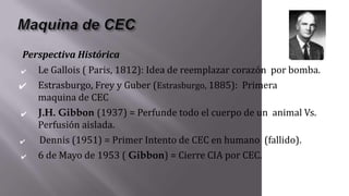 Perspectiva Histórica
✔ Le Gallois ( Paris, 1812): Idea de reemplazar corazón por bomba.
✔ Estrasburgo, Frey y Guber (Estrasburgo, 1885): Primera
maquina de CEC
✔ J.H. Gibbon (1937) = Perfunde todo el cuerpo de un animal Vs.
Perfusión aislada.
✔ Dennis (1951) = Primer Intento de CEC en humano (fallido).
✔ 6 de Mayo de 1953 ( Gibbon) = Cierre CIA por CEC.
 