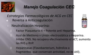 Estrategias Farmacológicas de ACG en CEC
❖ Reversa a Anticoagulación
• Neutralización Heparina:
Factor Plaquetario 4 = Potente anti Heparina.
Azul de Metileno = Unión electrostática a Heparina.
Inhibe ONS. No recupera efectivamente el ACT, aumenta
las RVS y RVP.
Heparinasas (Flavobacterium, hidroliza a
fragmentos que conservan actividad, no es útil).
 
