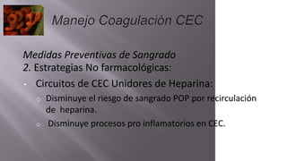 Medidas Preventivas de Sangrado
2. Estrategias No farmacológicas:
• Circuitos de CEC Unidores de Heparina:
o Disminuye el riesgo de sangrado POP por recirculación
de heparina.
o Disminuye procesos pro inflamatorios en CEC.
 