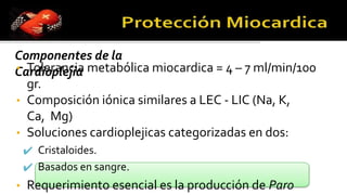 Componentes de la
Cardioplejia
• Tolerancia metabólica miocardica = 4 – 7 ml/min/100
gr.
• Composición iónica similares a LEC - LIC (Na, K,
Ca, Mg)
• Soluciones cardioplejicas categorizadas en dos:
✔ Cristaloides.
✔ Basados en sangre.
• Requerimiento esencial es la producción de Paro
 