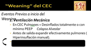 Eventos Previos a inicio del
Weaning
1.Ventilación Mecánica
• En CEC Pulmones = Desinﬂados totalmente o con
mínimo PEEP Colapso Alveolar
• Antes de salida expandir efectivamente pulmones (
Hiperinsuﬂación manual).
• ReasumirVM con PEEP ideal antes de retiro CEC.
Se evita la formación de Shunt derecha a
 
