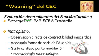 Evaluación determinantes del Función Cardiaca
❖ PrecargaPVC, PAP, PCP ó Ecocardio.
❖ Inotropismo:
• Observación directa de contractibilidad miocardica.
• Adecuada forma de onda de PA (dp/dt) ( AUC)
• Gasto cardiaco por termodilución
• EcocardiograﬁaTransesofagica.
 