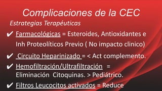 Complicaciones de la CEC
Estrategias Terapéuticas
✔ Farmacológicas = Esteroides, Antioxidantes e
Inh Proteolíticos Previo ( No impacto clinico)
✔ Circuito Heparinizado = < Act complemento.
✔ Hemofiltración/Ultrafiltración =
Eliminación Citoquinas. > Pediátrico.
✔ Filtros Leucocitos activados = Reduce
 