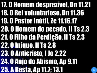 17. O Homem desprezível, Dn 11.2118. O Rei voluntarioso, Dn 11.3619. O Pastor Inútil, Zc 11.16,1720. O Homem do pecado, II Ts 2.321. O Filho da Perdição, II Ts 2.322. O Iníquo, II Ts 2.823. O Anticristo, I Jo 2.2224. O Anjo do Abismo, Ap 9.1125. A Besta, Ap 11.7; 13.174