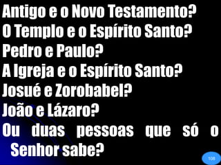 Antigo e o Novo Testamento?O Templo e o Espírito Santo?Pedro e Paulo?A Igreja e o Espírito Santo?Josué e Zorobabel?João e Lázaro?Ou duas pessoas que só o Senhor sabe?108