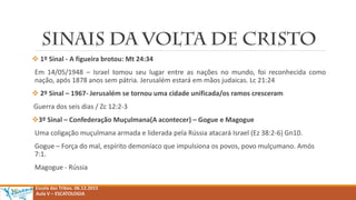  1º Sinal - A figueira brotou: Mt 24:34
Em 14/05/1948 – Israel tomou seu lugar entre as nações no mundo, foi reconhecida como
nação, após 1878 anos sem pátria. Jerusalém estará em mãos judaicas. Lc 21:24
 2º Sinal – 1967- Jerusalém se tornou uma cidade unificada/os ramos cresceram
Guerra dos seis dias / Zc 12:2-3
3º Sinal – Confederação Muçulmana(A acontecer) – Gogue e Magogue
Uma coligação muçulmana armada e liderada pela Rússia atacará Israel (Ez 38:2-6) Gn10.
Gogue – Força do mal, espírito demoníaco que impulsiona os povos, povo mulçumano. Amós
7:1.
Magogue - Rússia
Escola das Tribos. 06.12.2015
Aula V – ESCATOLOGIA
 