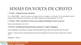  1º Sinal - A figueira brotou: Mt 24:34
Em 14/05/1948 – Israel tomou seu lugar entre as nações no mundo, foi reconhecida como
nação, após 1878 anos sem pátria. Jerusalém estará em mãos judaicas. Lc 21:24
 2º Sinal – 1967- Jerusalém se tornou uma cidade unificada/os ramos cresceram
Guerra dos seis dias / Zc 12:2-3
3º Sinal – Confederação Muçulmana(A acontecer) – Gogue e Magogue
Uma coligação muçulmana armada e liderada pela Rússia atacará Israel (Ez 38:2-6) Gn10.
Gogue – Força do mal, espírito demoníaco que impulsiona os povos, povo mulçumano. Amós
7:1.
Magogue - Rússia
Escola das Tribos. 22.11.2015
Aula 03 – ESCATOLOGIA
 