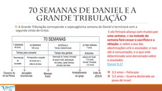  A Grande Tribulação correspende a septuagésima semana de Daniel e terminará com a
segunda vinda de Cristo. E ele firmará aliança com muitos por
uma semana; e na metade da
semana fará cessar o sacrifício e a
oblação; e sobre a asa das
abominações virá o assolador, e isso
até à consumação; e o que está
determinado será derramado sobre
o assolador.
Daniel 9:27
 3,5 anos – Falsa paz
 3,5 anos – Guerra declarada ao
povo de Israel
 