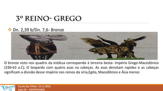  Dn. 2,39 b/Dn. 7,6- Bronze
Escola das Tribos. 15.11.2015
Aula 02 – ESCATOLOGIA
O bronze visto nos quadris da estátua corresponde à terceira besta- Império Grego-Macedônico
(330-63 a.C); O leopardo com quatro asas na cabeças. As asas denotam rapidez e as cabeças
significam a divisão desse império nos reinos da síria,Egito, Macedônico e Ásia menor.
 