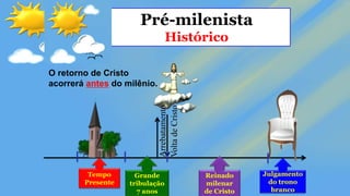 Julgamento
do trono
branco
Tempo
Presente
Pré-milenista
Histórico
Arrebatamento
Grande
tribulação
7 anos
Volta
de
Cristo Reinado
milenar
de Cristo
O retorno de Cristo
acorrerá antes do milênio.
 